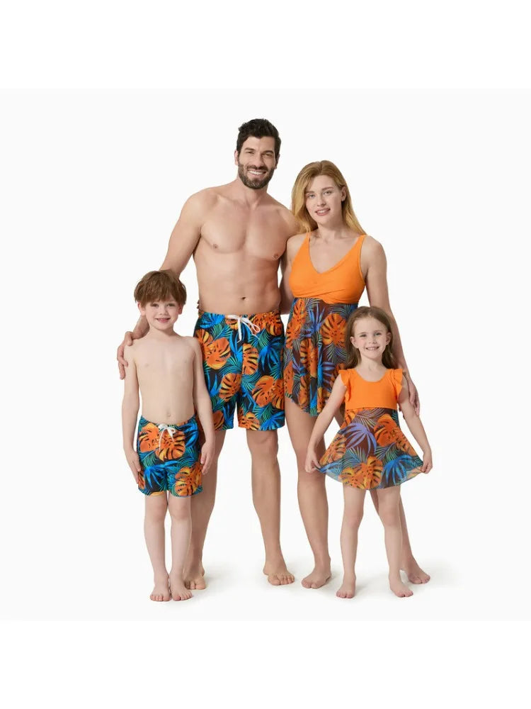 Family Matching Floral Swimwear | Drawstring Swim Trunks & Mesh One-Piece Swimsuit