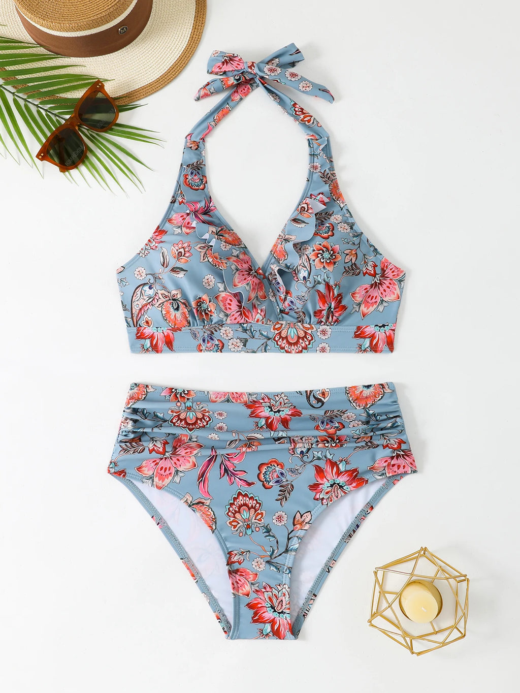 Women's High Waist Bikini Set | Padded Halter Top with Ruffle Trim | Sexy Swimwear