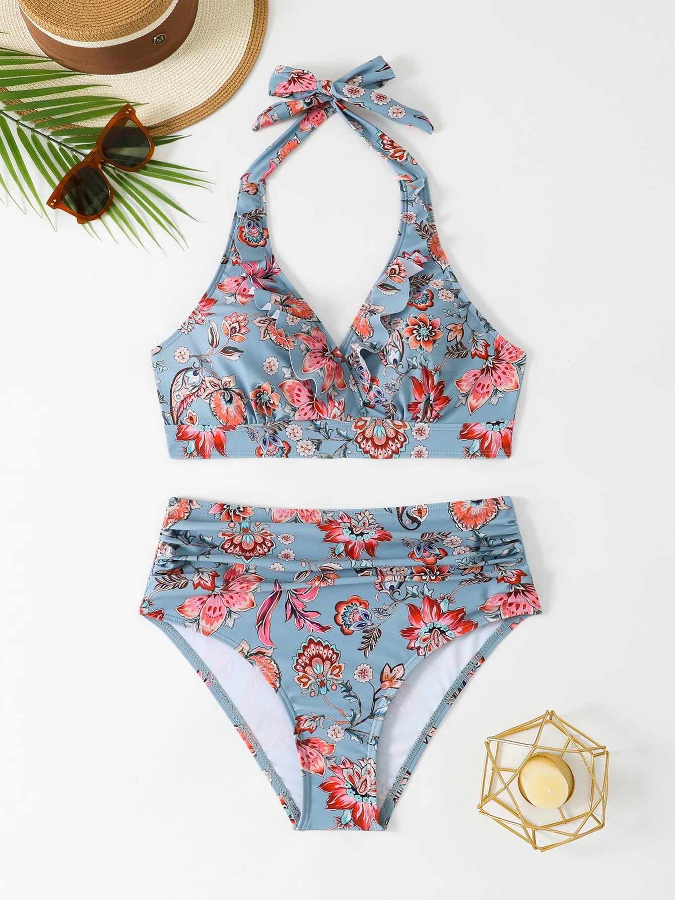 Women's High Waist Bikini Set | Padded Halter Top with Ruffle Trim | Sexy Swimwear