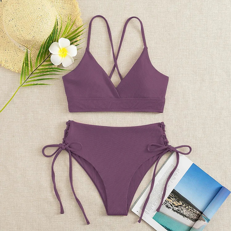 CIKINI Women's V-Neck Lace Up Bikini Set | Solid Color Triangle Swimwear