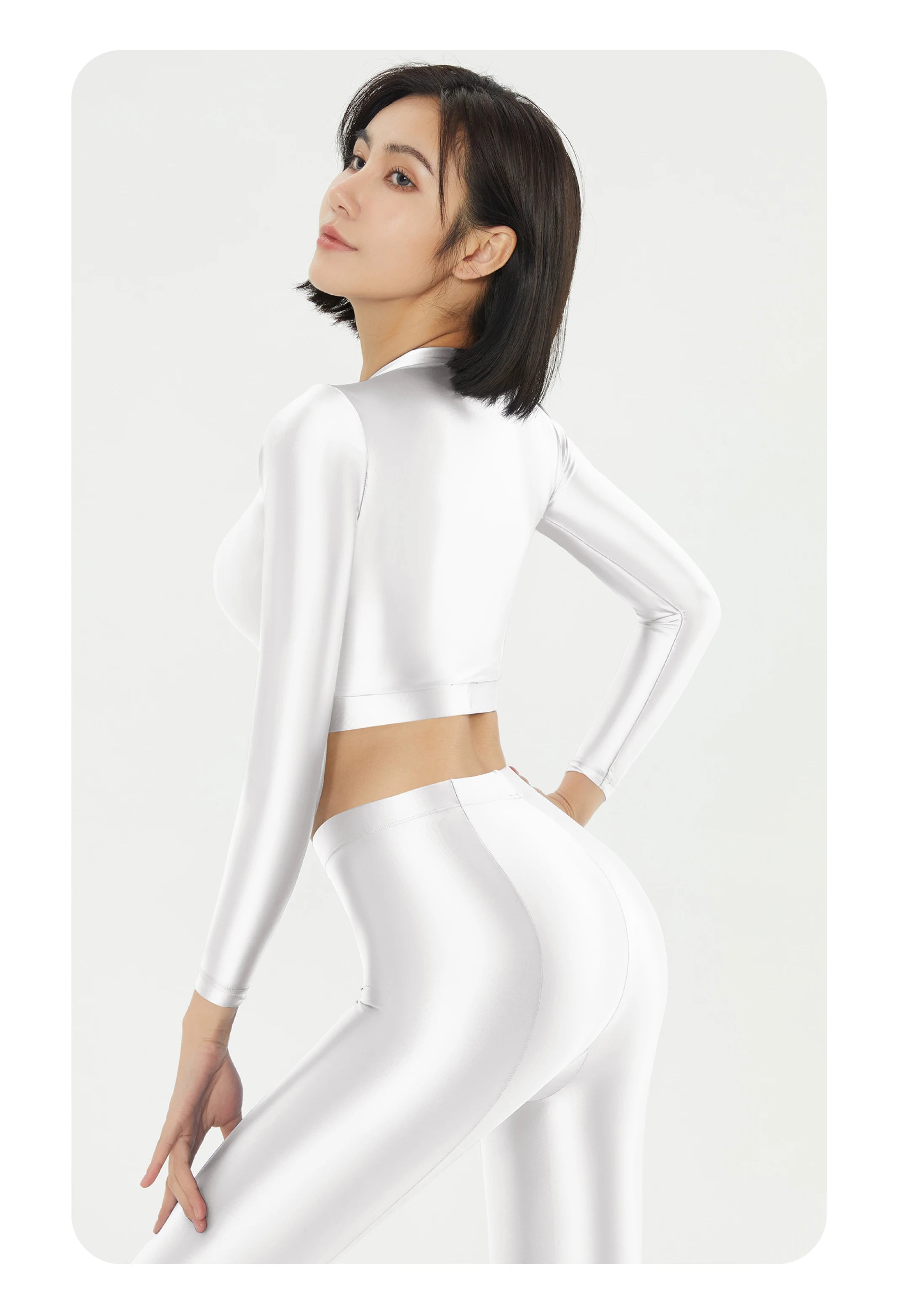 Women's Satin Long Sleeve Swim Top & Tights Set - Exposed Belly Activewear for Beach