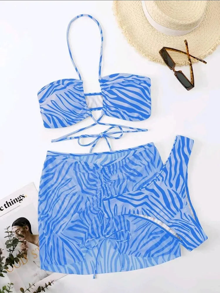 Vigorashely Women's Leopard 3-Piece Bikini Set | Halter Push Up Mesh Skirt Swimwear