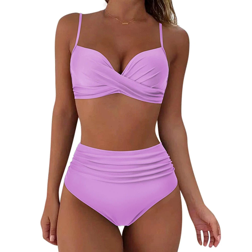 Vintage Print High Waist Bikini - Women's Push Up Swimsuit for Summer Beach