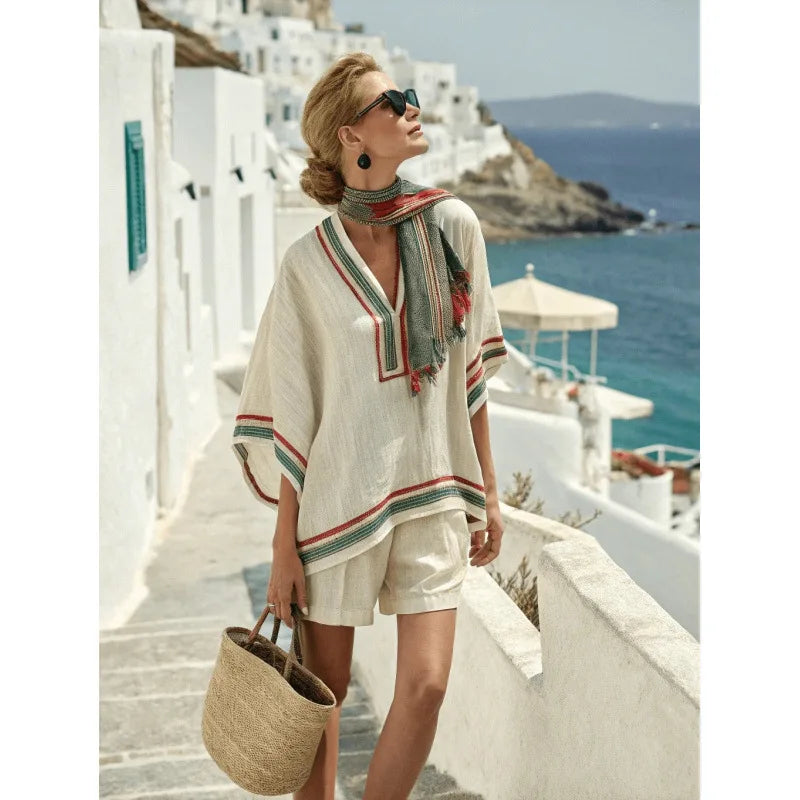 Women's Bohemian Striped V-Neck Shorts Set | Casual Beach Vacation Two Piece Outfit