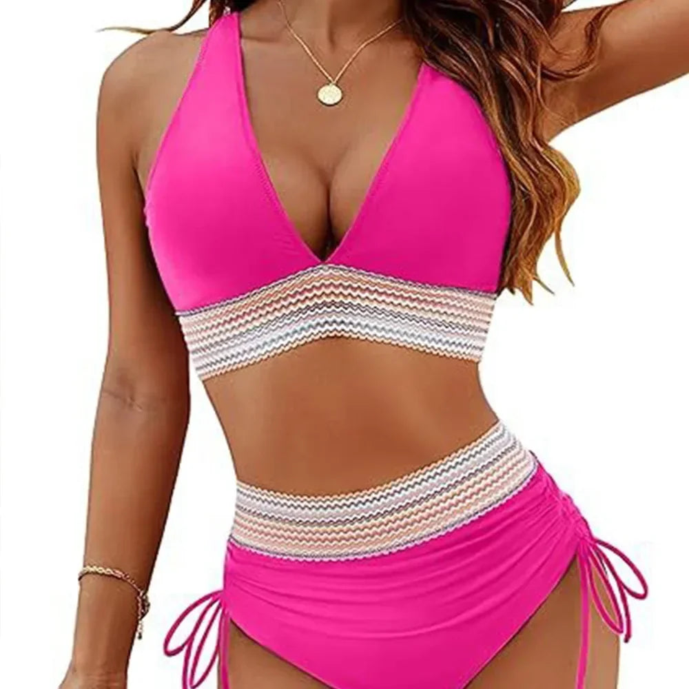 Solid Color Drawstring Bikini Set - High Waist Patchwork Separate Swimwear for Women