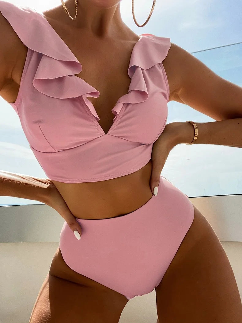Women's High Waist Ruffle Bikini Set | V-Neck Push Up Two Piece Swimsuit