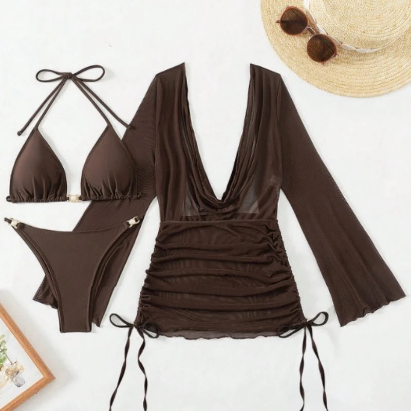 Women's Triangle Push Up 3-Piece Bikini Set | Mesh Long Sleeve Cover Up Swimwear