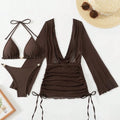 Women's Triangle Push Up 3-Piece Bikini Set | Mesh Long Sleeve Cover Up Swimwear