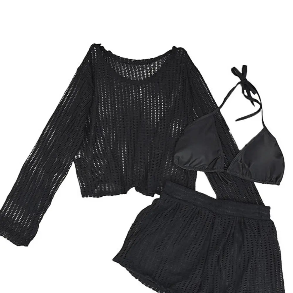 Women's 3-Piece Hollow Out Bikini Set | Loose Fit Cover Up for Beach Vacation