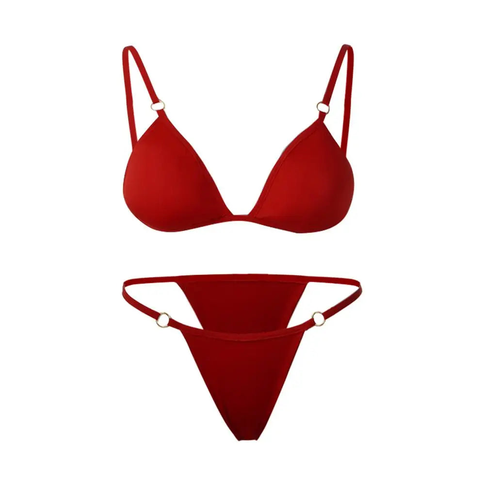 Vacation Woman Girl Solid Color Metal Buckle Sling Backless Split Swimwear Bikini Set Two Piece Swimsuit