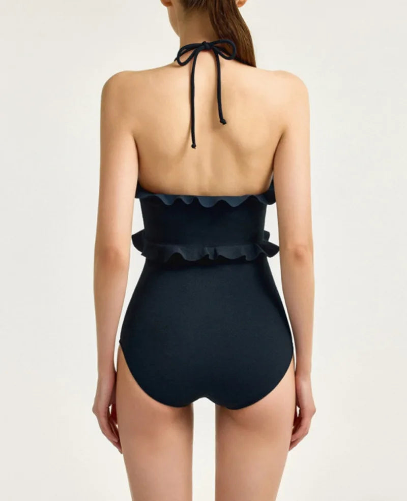 Women's Low-Cut Ruffled One-Piece Swimsuit | Halter Lace-Up Backless Swimwear