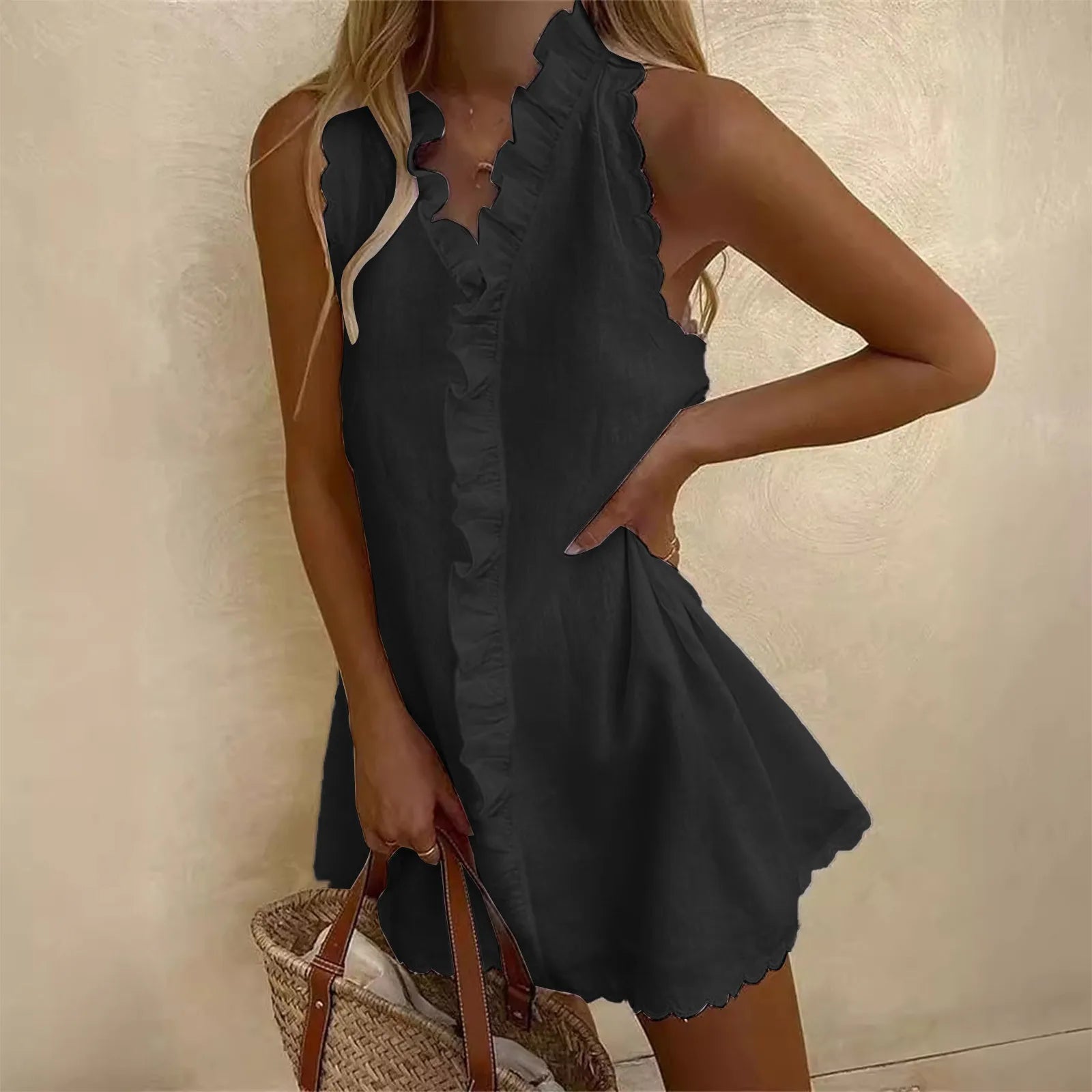 Women's White V-Neck Ruffled Mini Dress | Casual Cotton Linen Boho Beachwear
