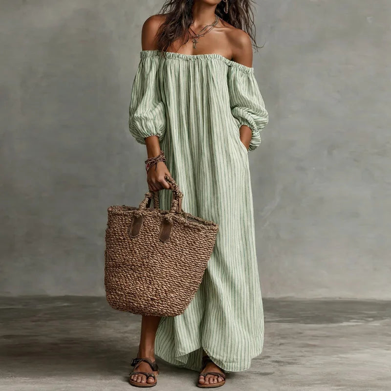 Women's Striped Patchwork Maxi Dress | Slash Neck Elegant Summer Party Wear