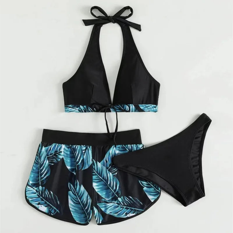 Leaf Print 3 Piece Bikini Set - Women's Sexy High Waist Swimsuit for the Beach