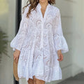 Women's Hollow Out Lace Dress - Elegant Vintage V-Neck Mini Dress with Long Sleeves