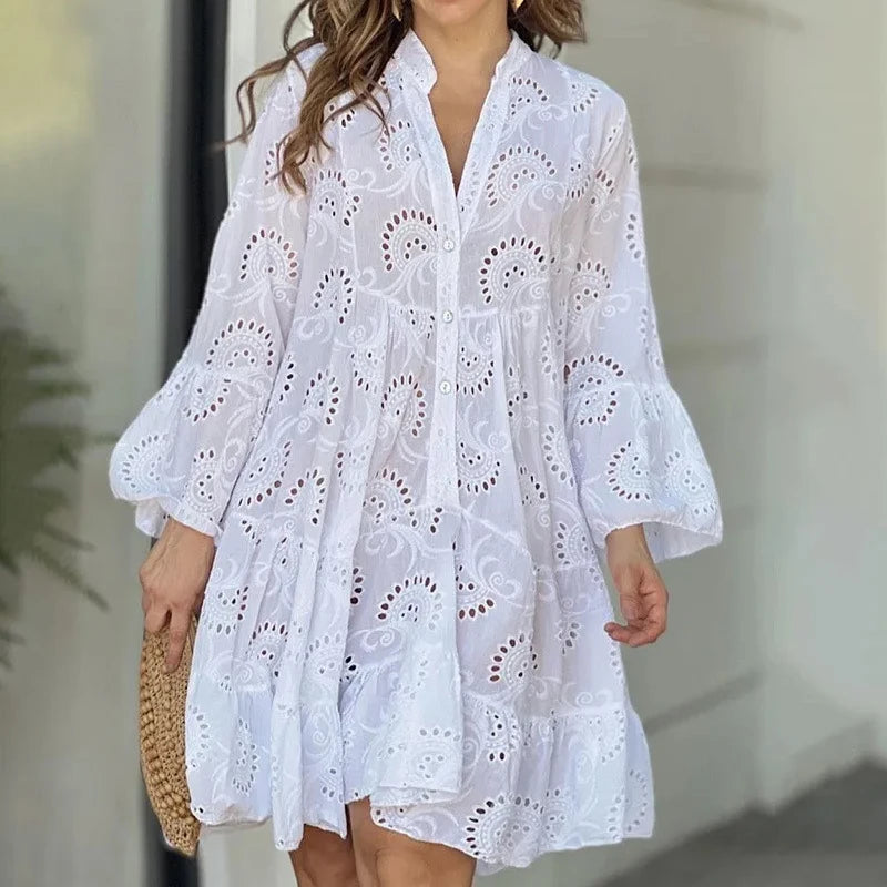 Women's Hollow Out Lace Dress - Elegant Vintage V-Neck Mini Dress with Long Sleeves