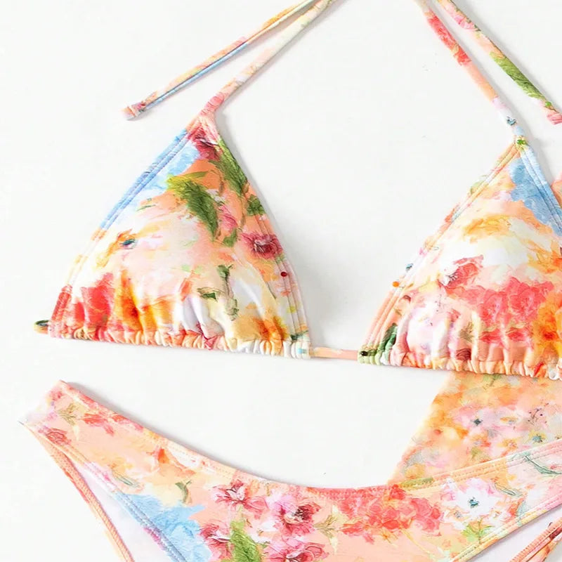New Arrival Sexy Print Four Piece Bikini Set High Waist With Beach Skirt Long Sleeve Crop Top Swimwear Bikini Bathing Suit