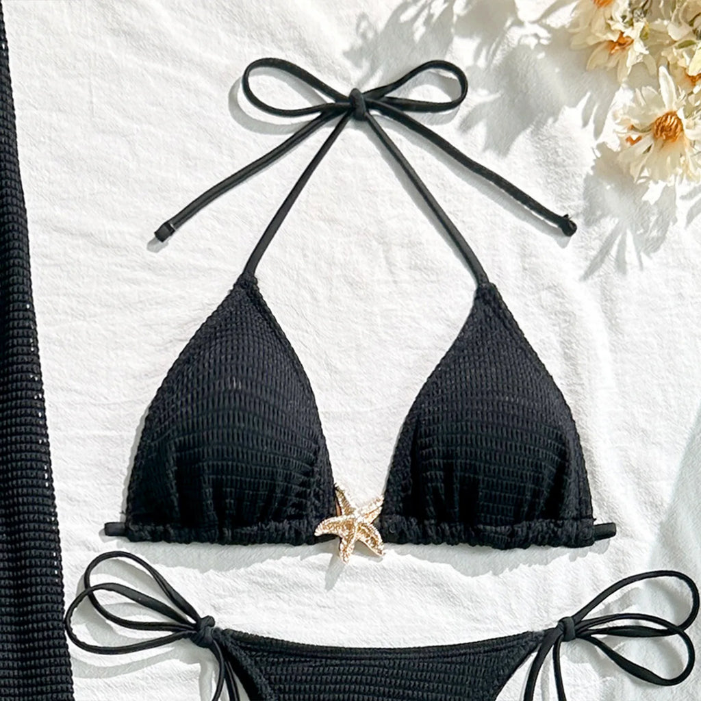 Solid Color 3 Piece Bikini Set with Mesh Skirt - Starfish Swimsuit for Women