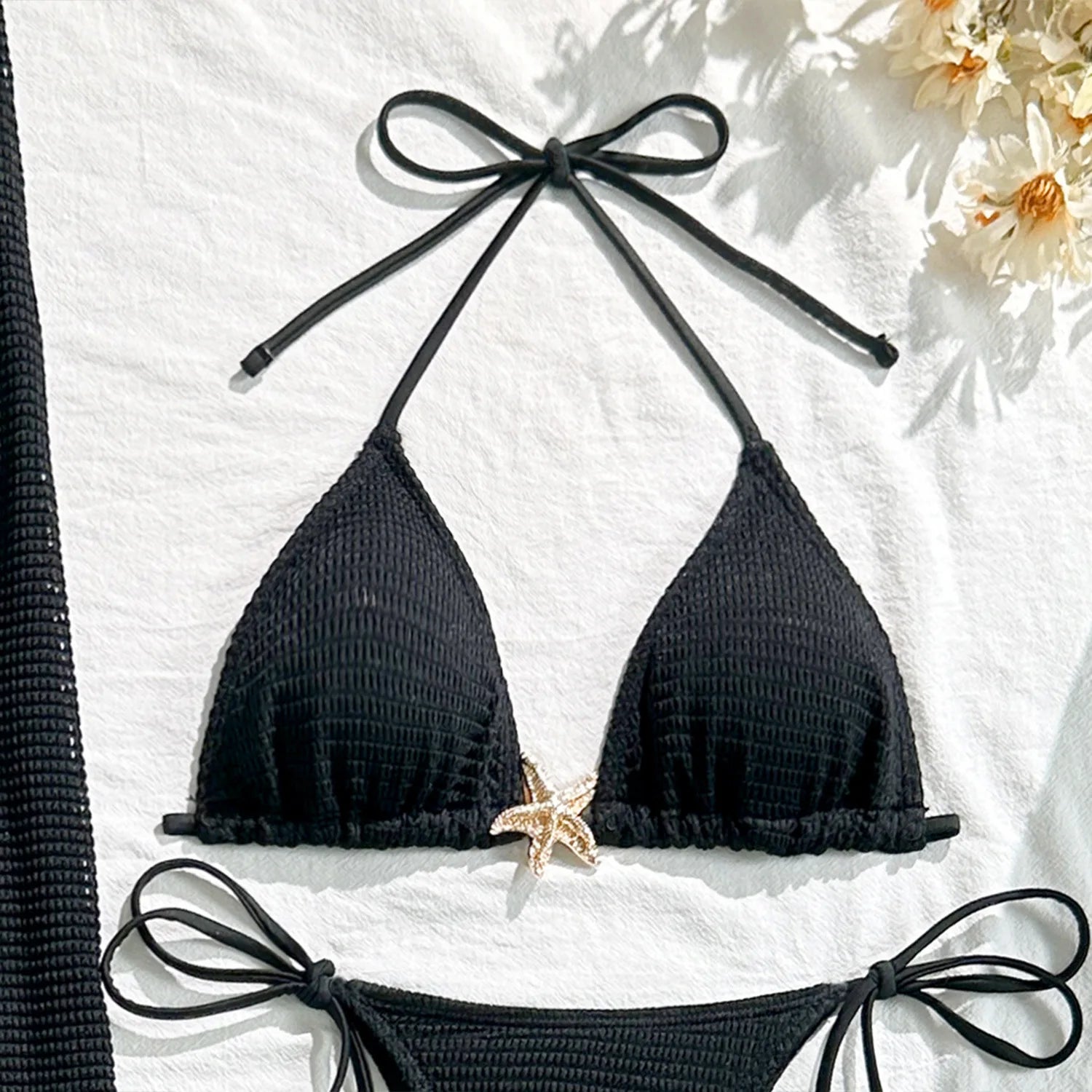 Solid Color 3 Piece Bikini Set with Mesh Skirt - Starfish Swimsuit for Women