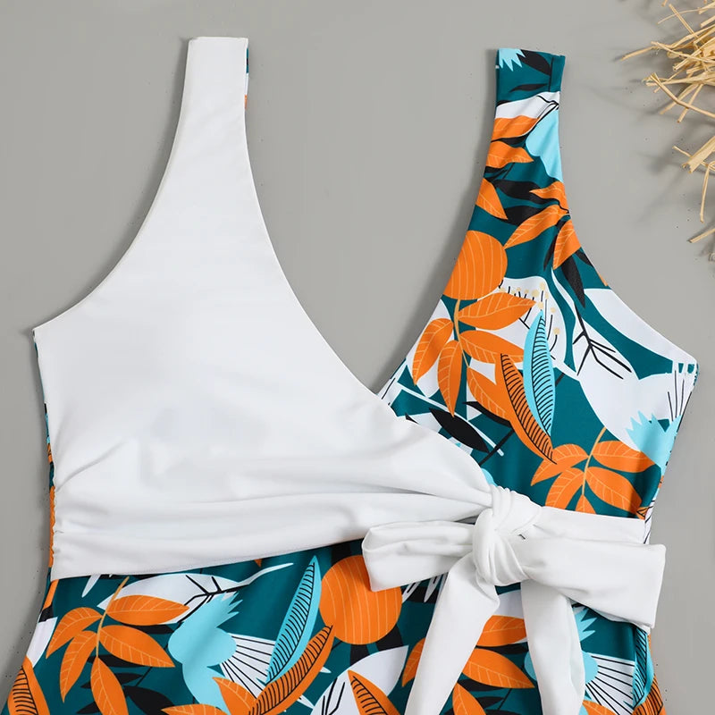 Tropical Print One Piece Swimsuit - Knot Side Belted & Padded Bathing Suit for Women