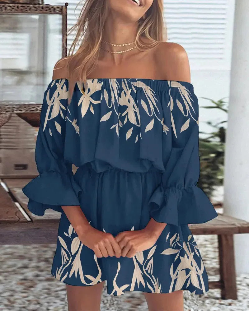 Women's Off Shoulder Ruffle Mini Dress | Puff Sleeves with Floral Print for Summer Beach