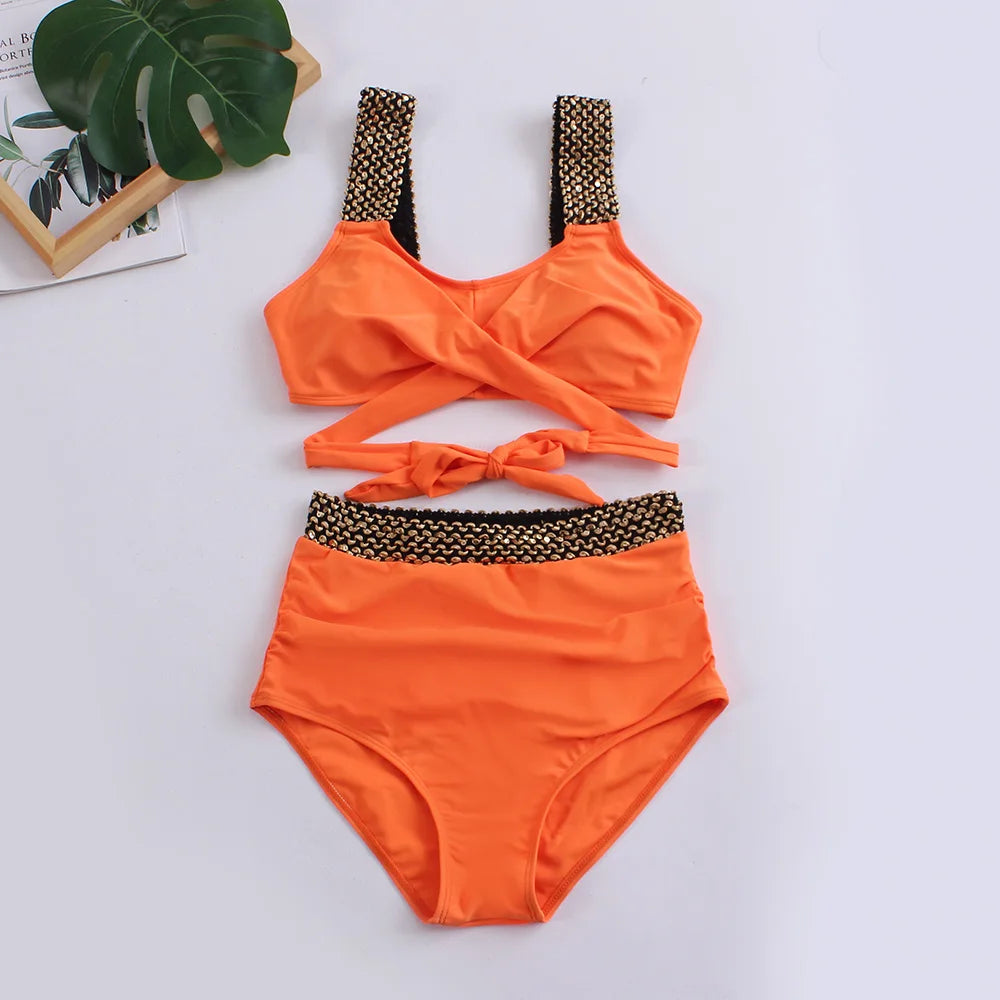 Black Cross High Waist Bikini Set - Solid Swimsuit for Women | 2025 Summer Beachwear
