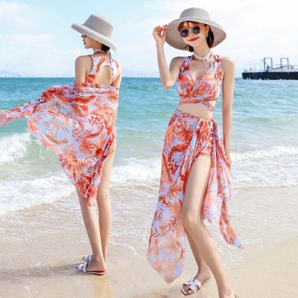 Gradient Floral 3 Piece Bikini Set - Fashion Slimming Split Style for Sun Protection