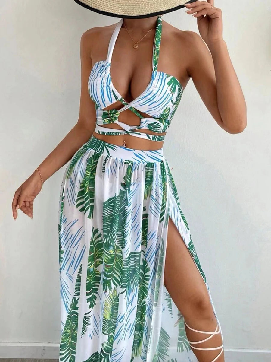 Halter 3 Piece Bikini Set with Beach Dress - Sexy Bandage Swimwear for Women
