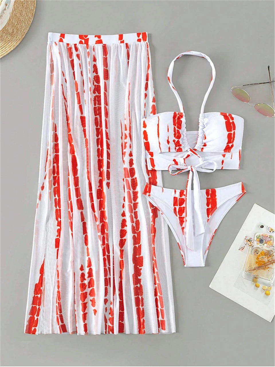 Tie Dye 3 Piece Bikini Set for Women - Cross Halter Swimsuit with Cover Up Pants