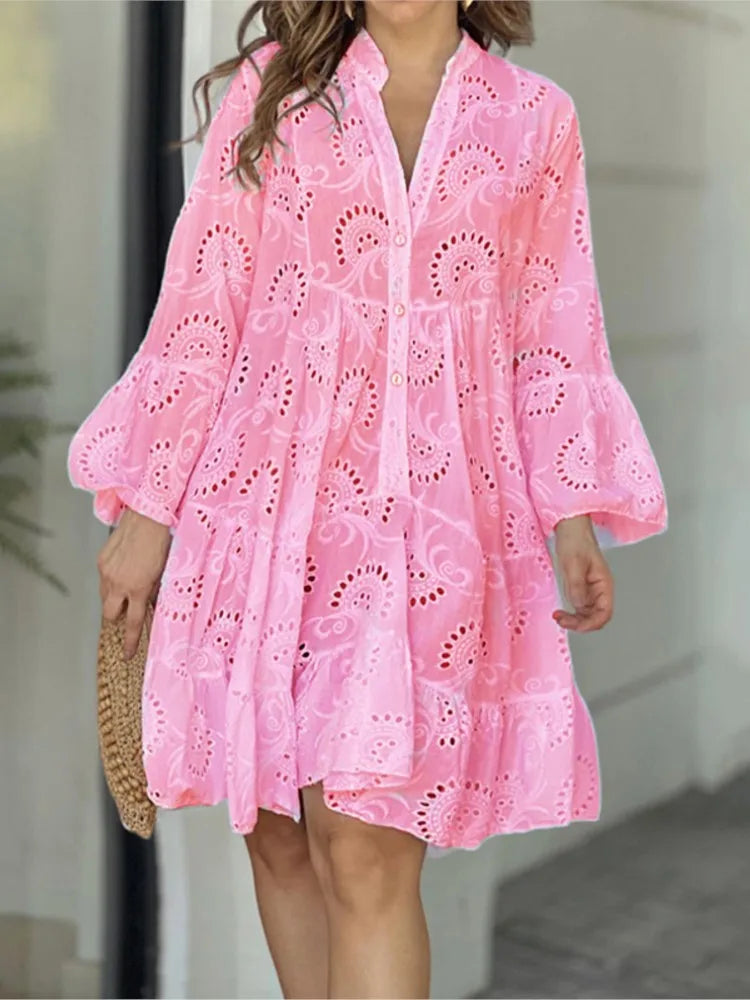 Women's Hollow Out Lace Dress - Elegant Vintage V-Neck Mini Dress with Long Sleeves
