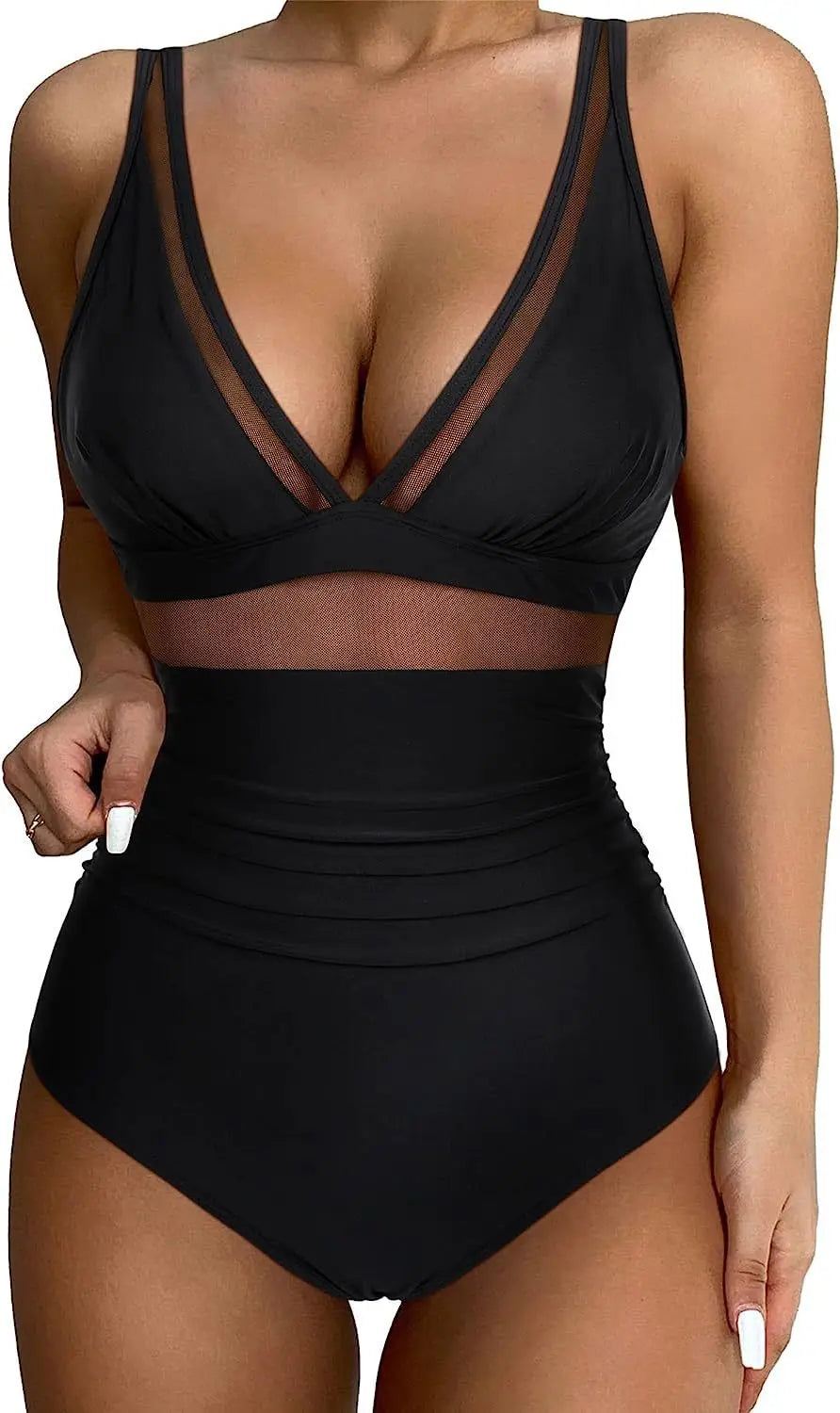 Deep V Neck One Piece Swimsuit - Removable Bra Plain Monokini for Women