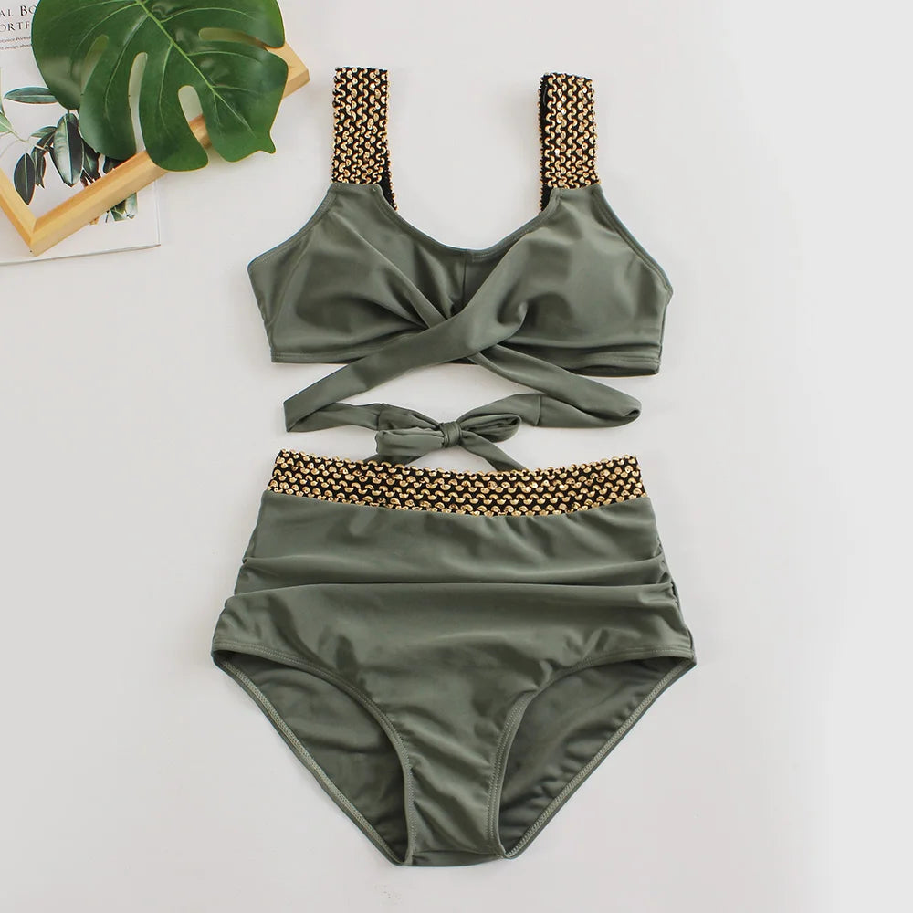 Black Cross High Waist Bikini Set - Solid Swimsuit for Women | 2025 Summer Beachwear