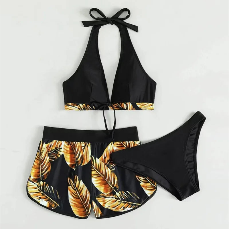 Leaf Print 3 Piece Bikini Set - Women's Sexy High Waist Swimsuit for the Beach