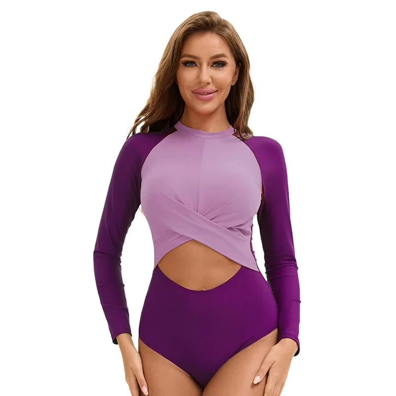 Women's Sporty Color Block Swimsuit Set | Long Sleeve & High Waist Surf Swimwear
