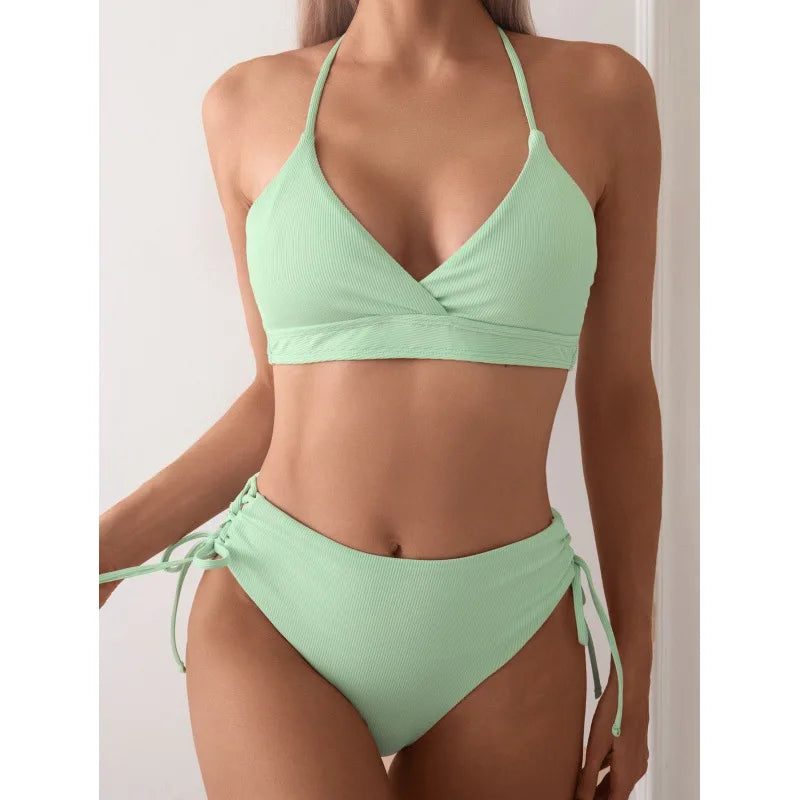 CIKINI Women's V-Neck Lace Up Bikini Set | Solid Color Triangle Swimwear