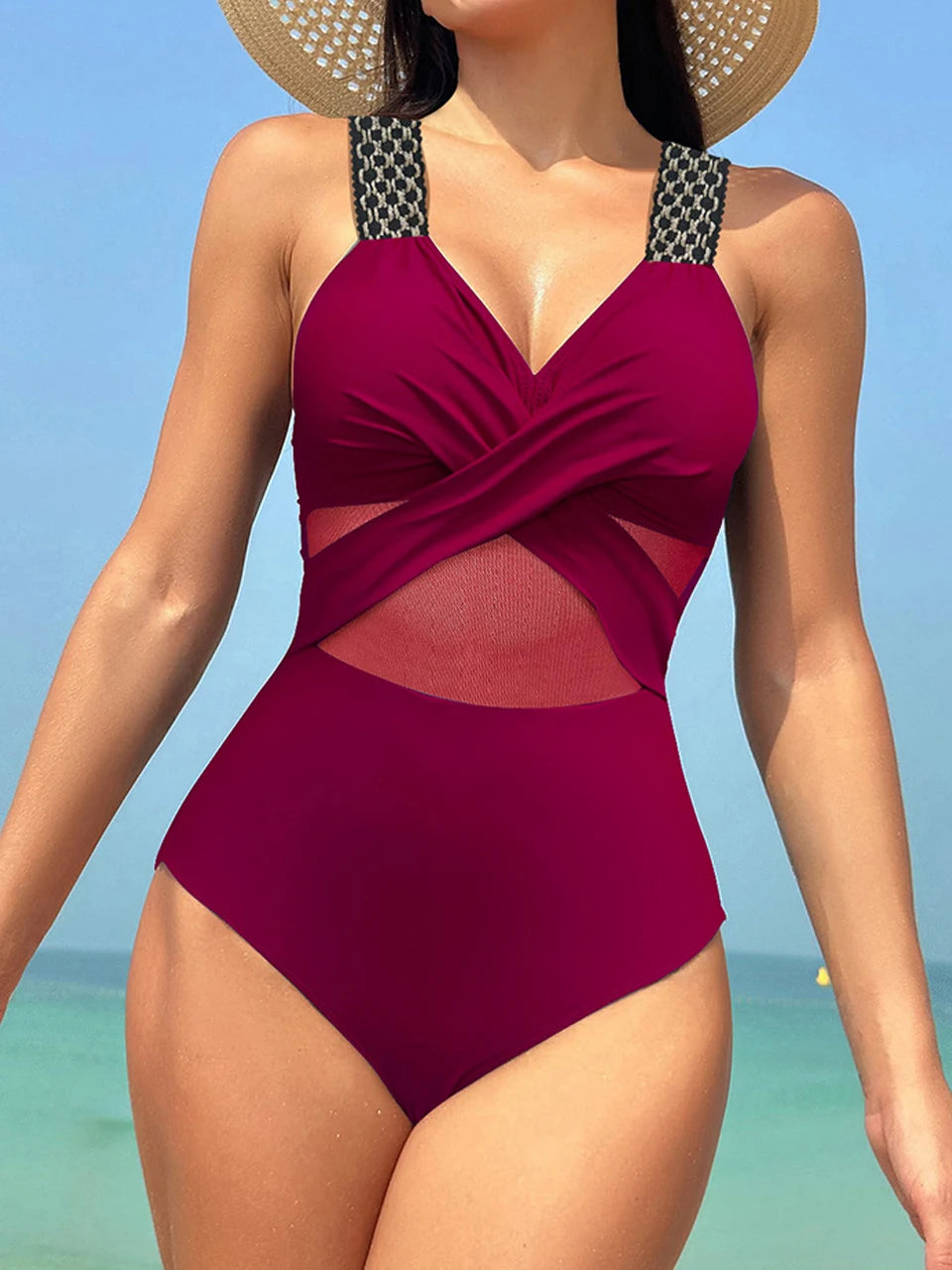 Women's Ruched One Piece Swimsuit - Plain Ring Link Design Swim Bodysuit for Beach