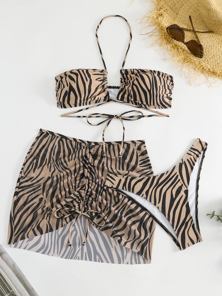 Vigorashely Women's Leopard 3-Piece Bikini Set | Halter Push Up Mesh Skirt Swimwear