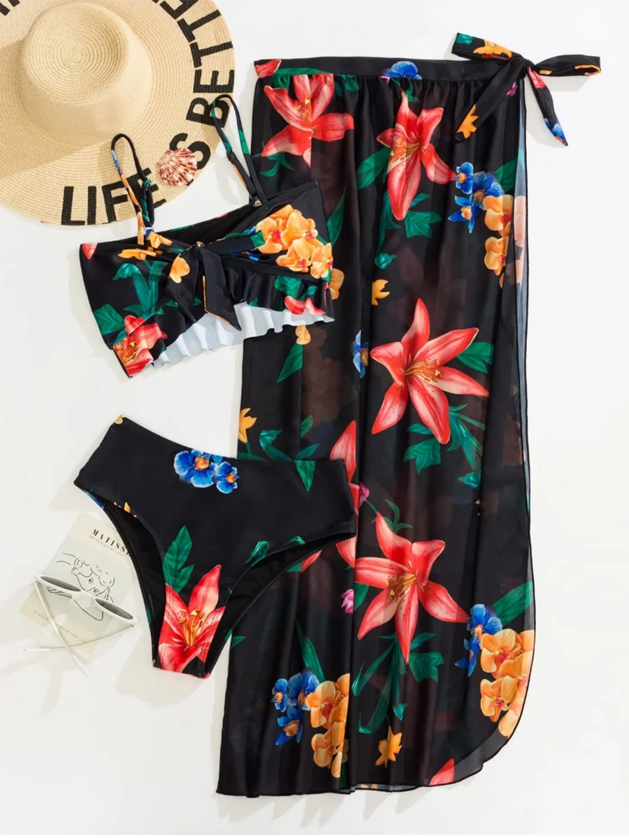 Floral Print 3 Piece Bikini Set - Knot Front Ruffle Swimsuit with High Waist Skirt