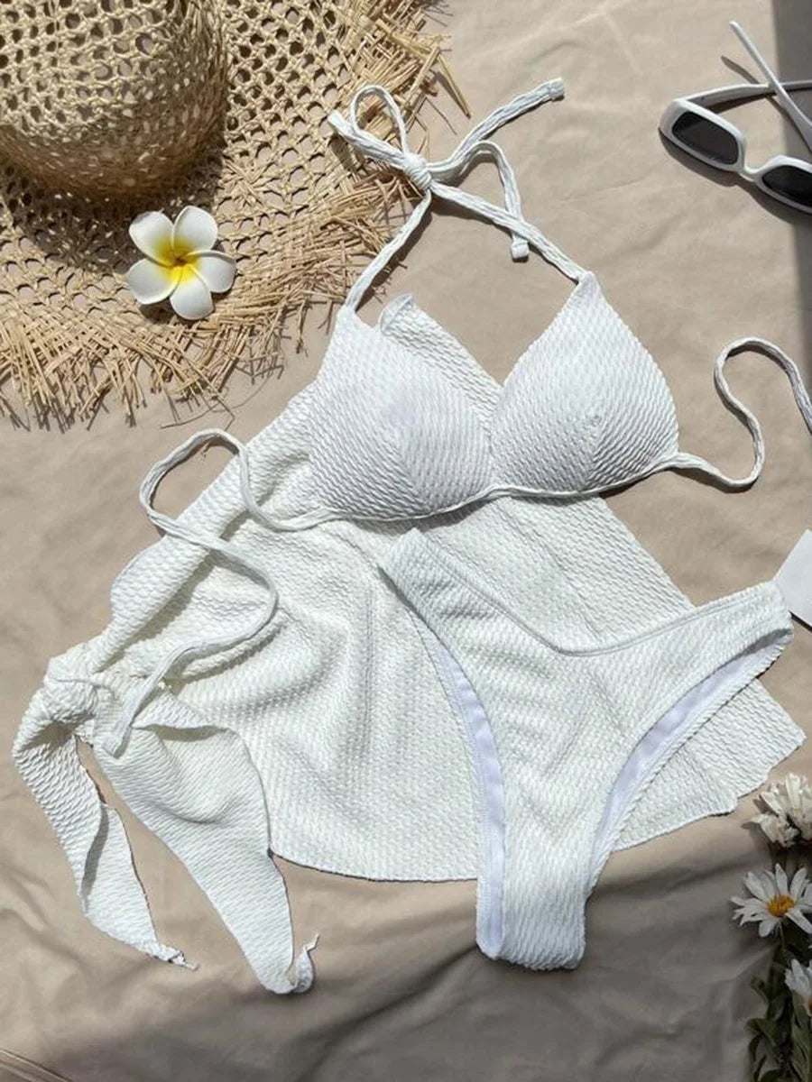 Women's 3-Piece Wrinkled Bikini Set | Push Up Swimwear with Beach Sarong