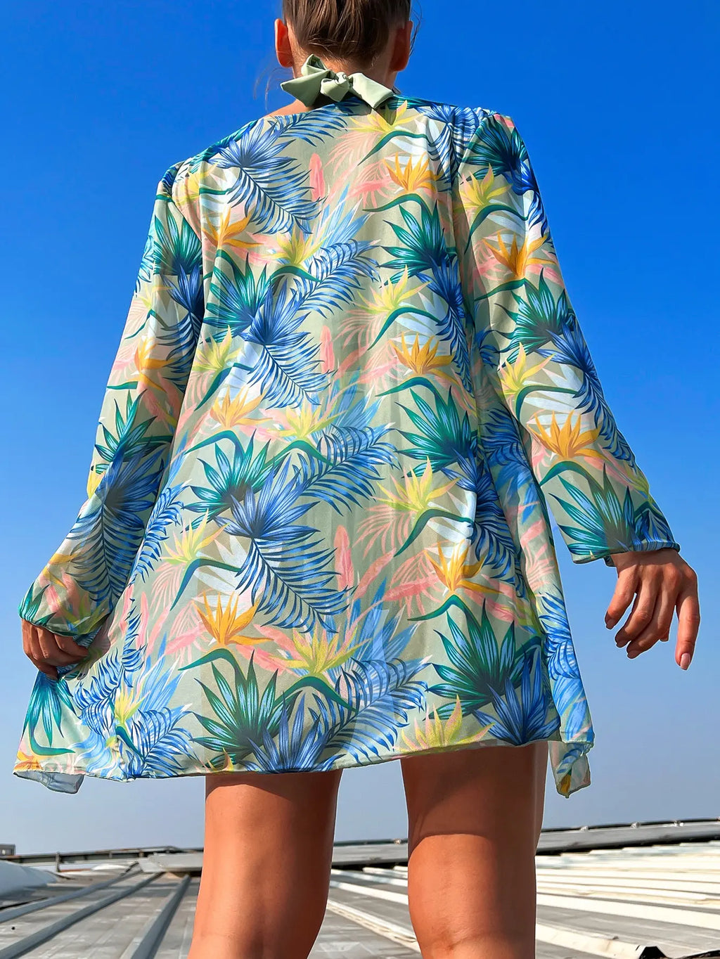 Print 3 Piece Bikini Set with Kimono - Halter High Waist Swimsuit for Women