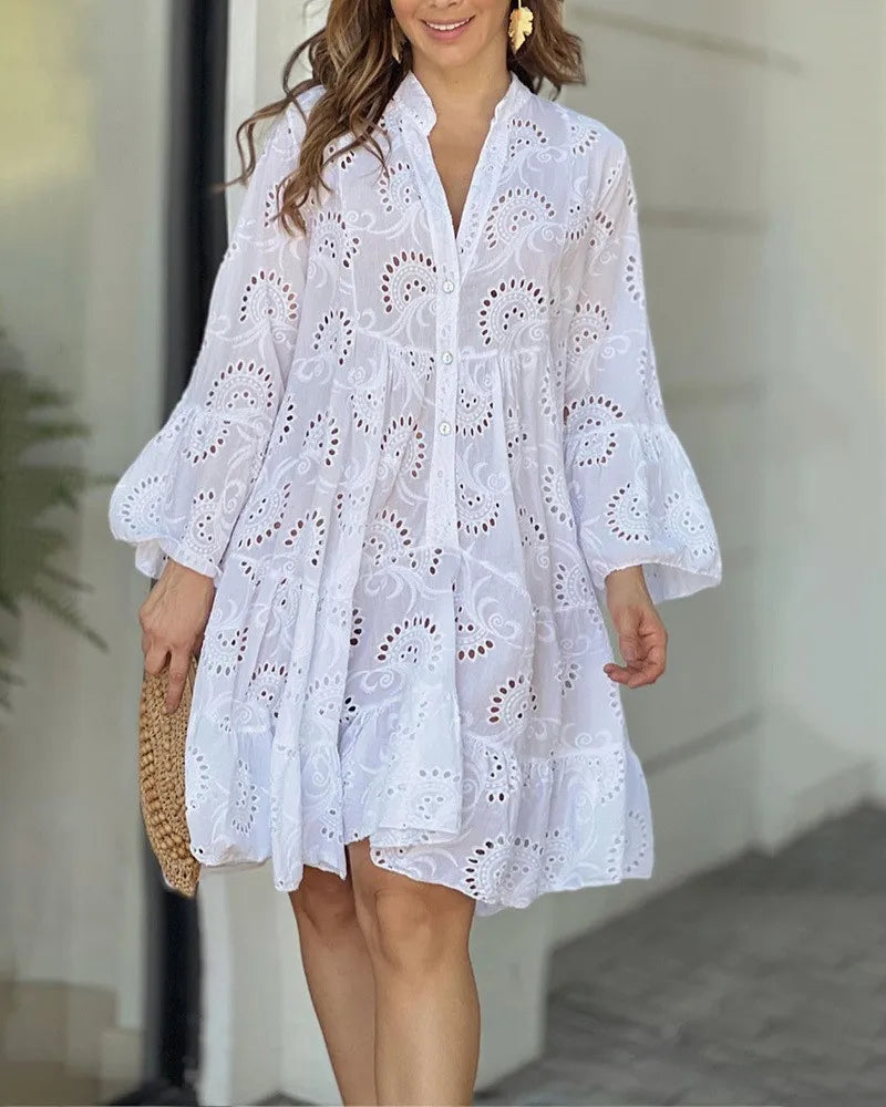 Women's Hollow Out Lace Dress - Elegant Vintage V-Neck Mini Dress with Long Sleeves