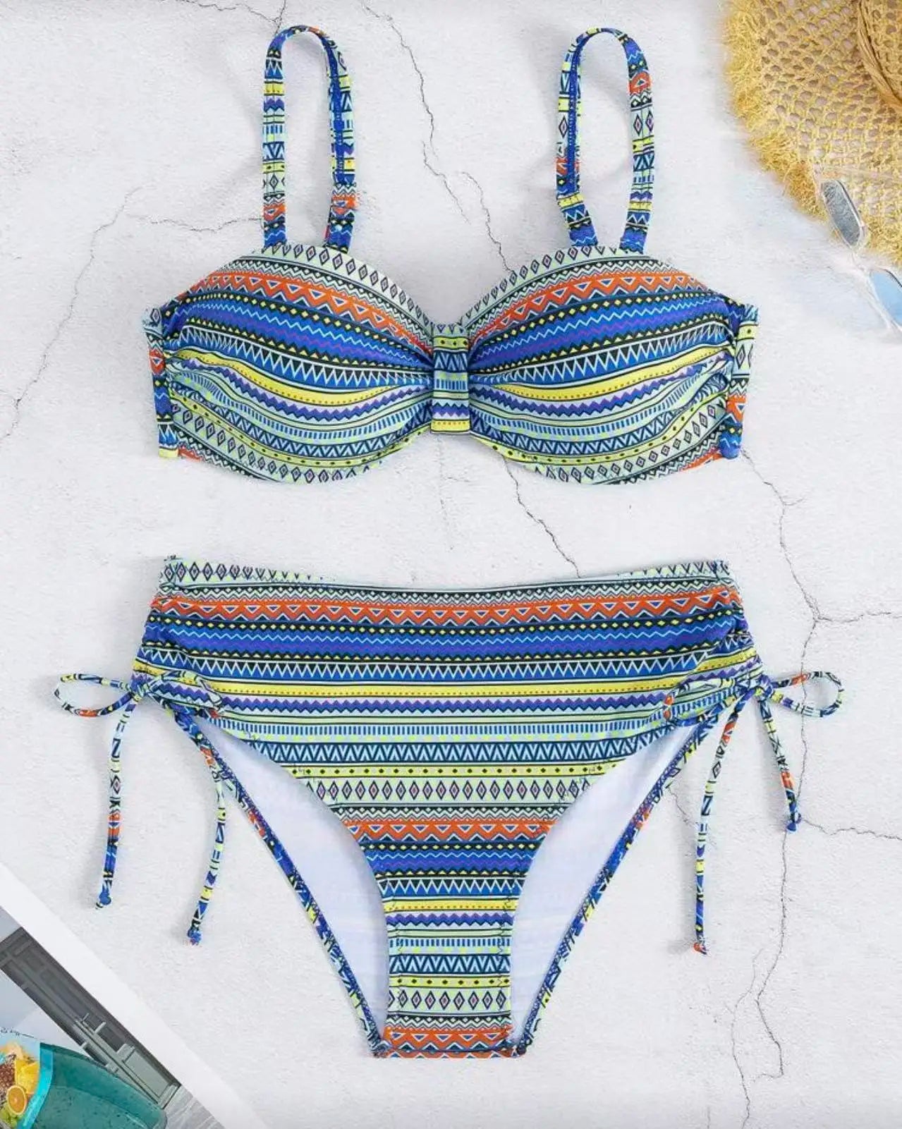 Women's Strappy High Waist Striped Bikini | Drawstring Swimwear