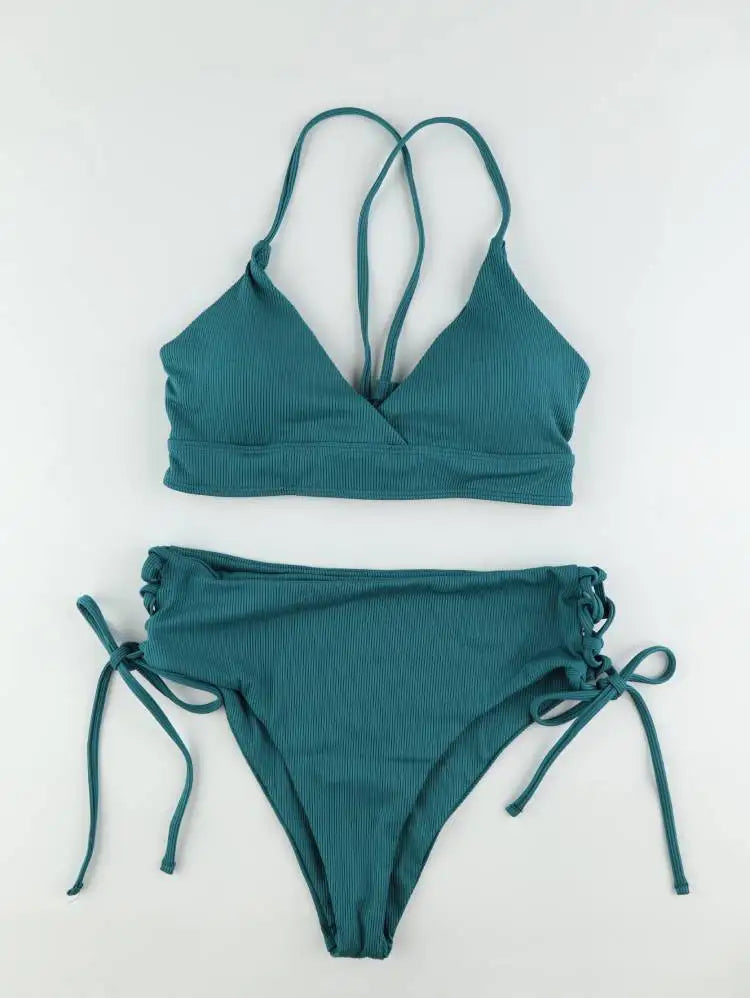 CIKINI Women's V-Neck Lace Up Bikini Set | Solid Color Triangle Swimwear