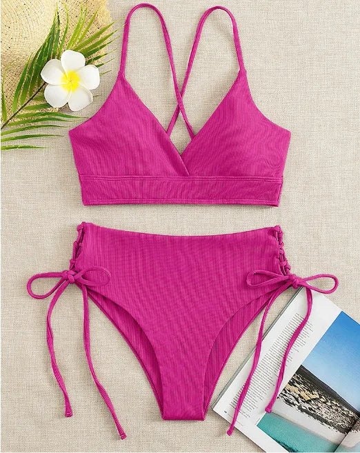 CIKINI Women's V-Neck Lace Up Bikini Set | Solid Color Triangle Swimwear
