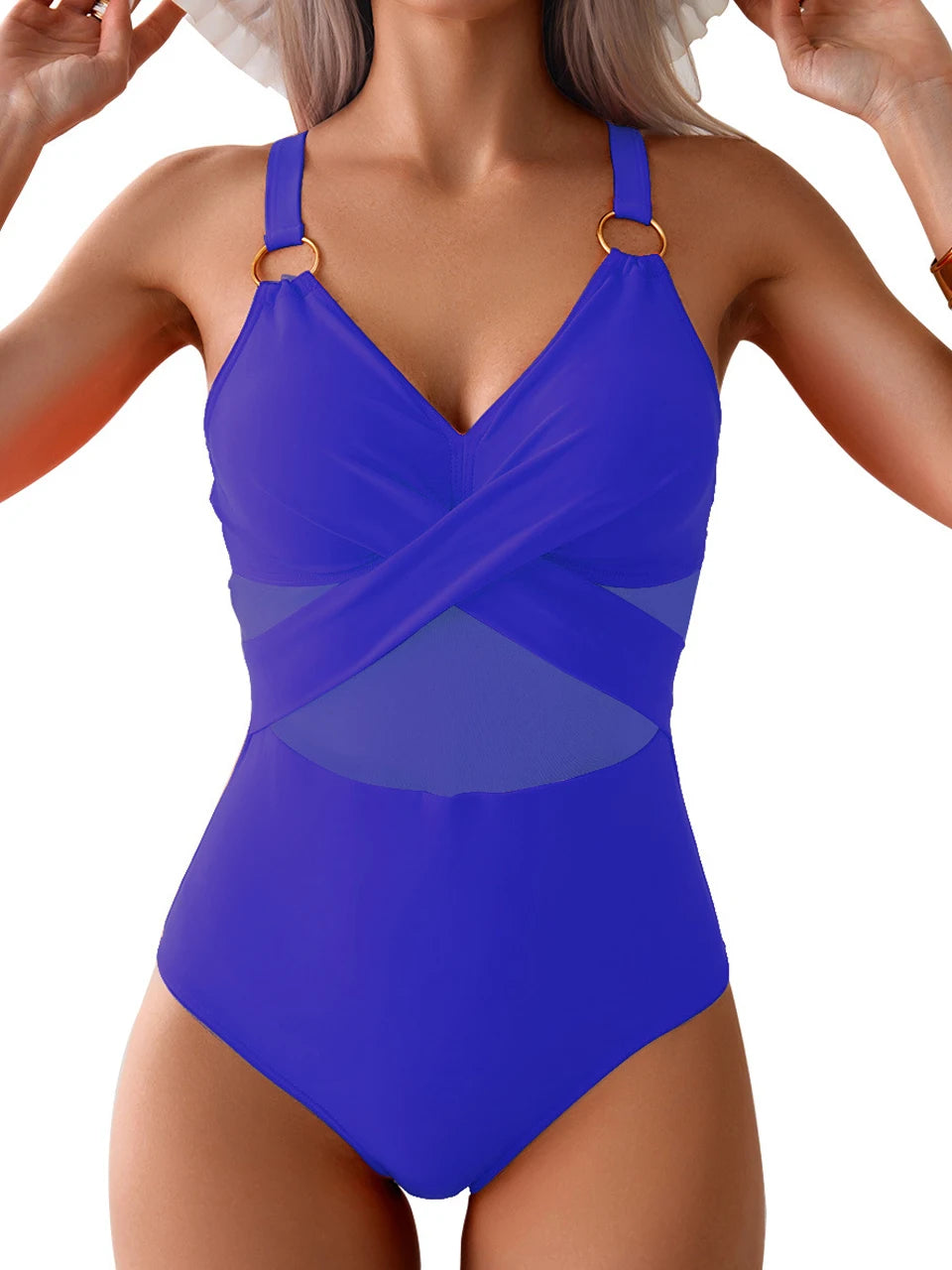 Women's Ruched One Piece Swimsuit - Plain Ring Link Design Swim Bodysuit for Beach