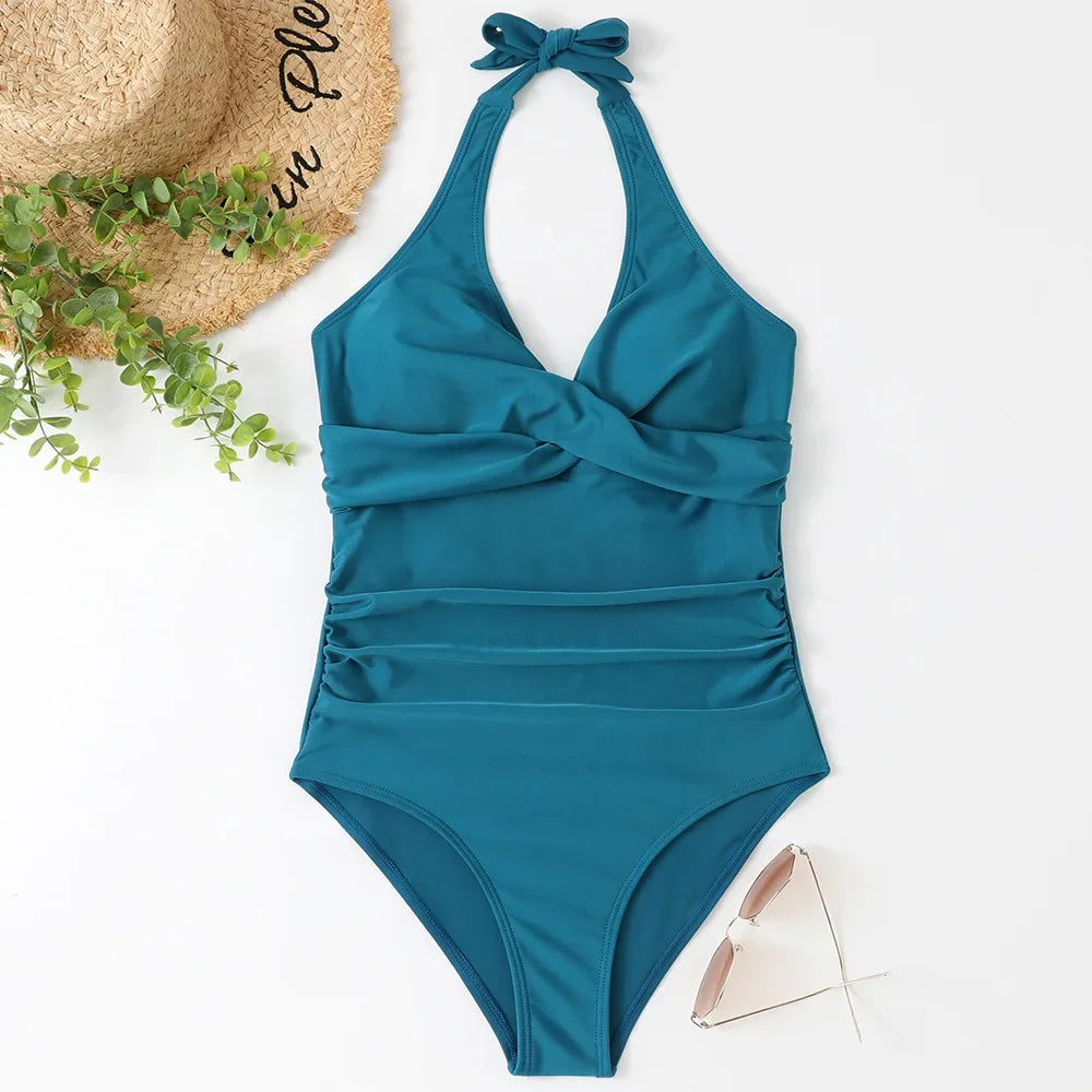Women's Wrinkled Halter One Piece Swimsuit | V Neck Backless Monokini S-XXL