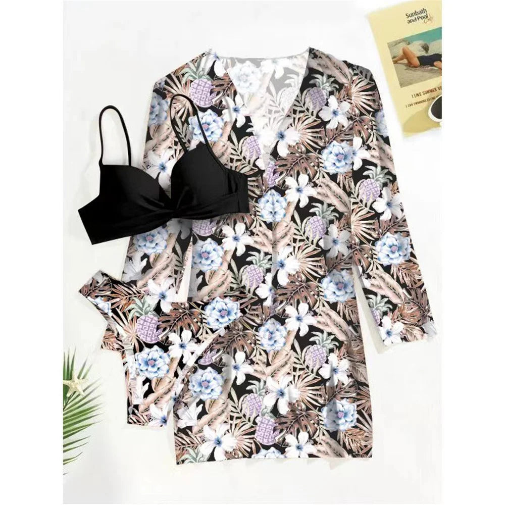 Women's Print 3 Piece Bikini Set - Push Up Twist Swimsuit with Long Sleeve Cover Up