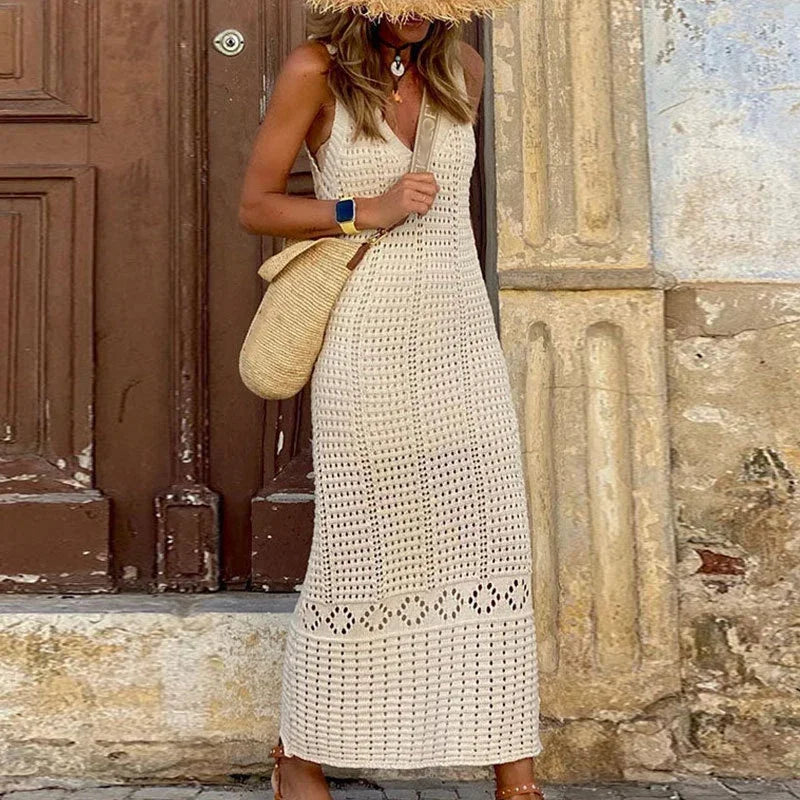 Elegant V-Neck Beach Cover Up Dress - Sexy Hollow Out Knitted Long Dress