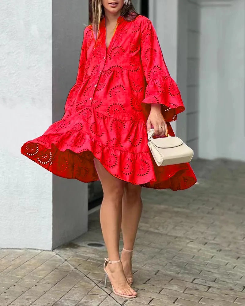 Women's Hollow Out Lace Dress - Elegant Vintage V-Neck Mini Dress with Long Sleeves