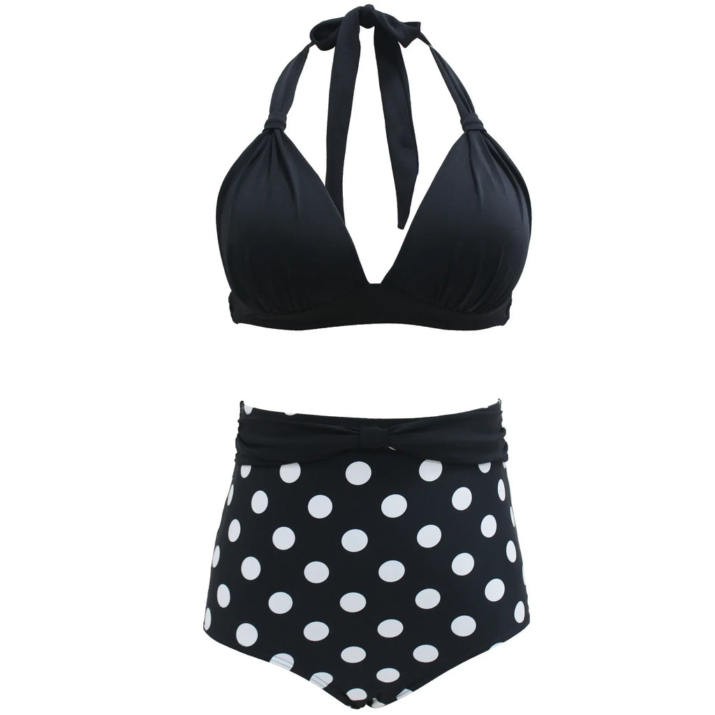 Women's Dot Print High Waist Bikini Set | Push Up Plus Size Swimwear with Bandage Detail
